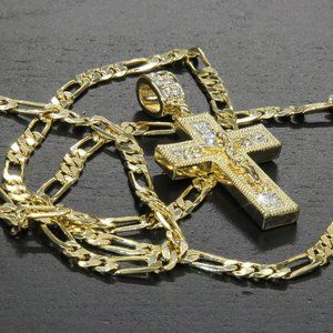 Men's 14k Gold Jesus Cross 24" Figaro Chain